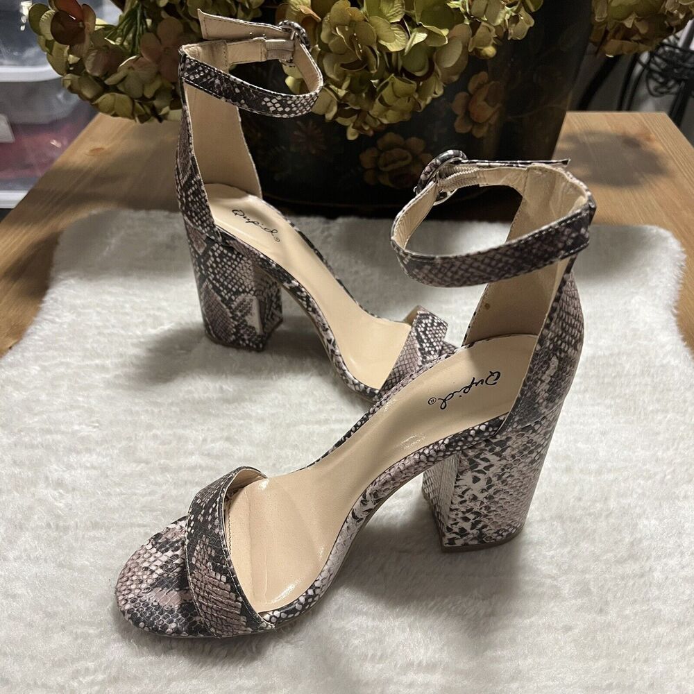 Qupid Snake Embossed Open Toe Chunky Block Heel S… - image 2